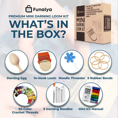 Ultimate Darning Loom Kit With Darning Egg, 14 Hooks, 10 Needles, 50 Color Threads, DIY Sock Mending Tool details shown on box