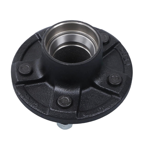 Close-up of trailer hub flange with bearing bore, black cast iron, 5-on-4.75 in pattern