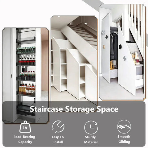 Under Stair Drawer Slides Non-Removable With 265lb Load Capacity 3-Stage Full Extension Anti-Derailment Hardware For Staircase Cabinets Heavy Duty Kitchen And Utility Drawers That Stay Put And Reach Back Items, black steel slides in staircase storage