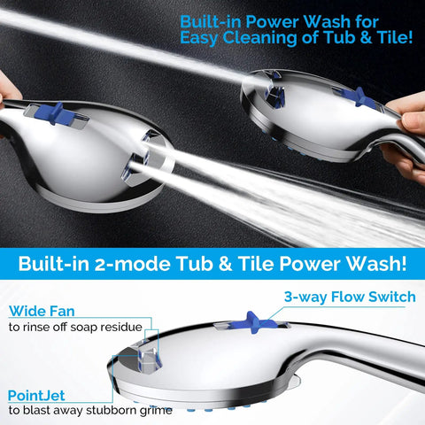 High Pressure Handheld Shower Head With 8 Mode Spray And Built In Power Wash For Tub Tile And Pet Cleaning 6.5ft Stainless Steel Hose Includes Wall Mount And Overhead Bracket Power Packed Bath Upgrade For A Quick Clean Game Changer showing 2-mode tub and tile power wash and 3-way flow switch