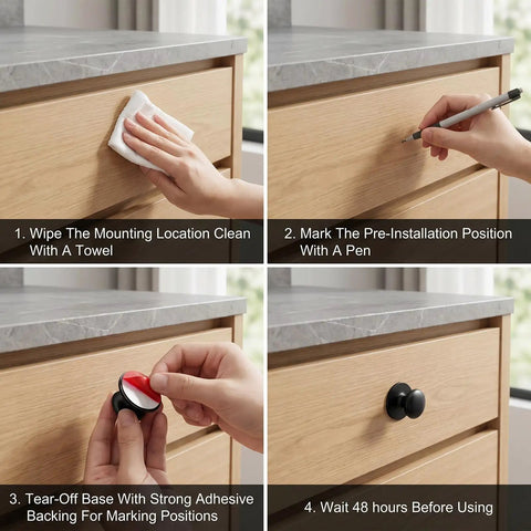 Four-step installation of Six Pack Stick On Cabinet Knobs Self Adhesive Handles Stainless Steel Anti Rust Durable Modern Kitchen Drawer Pulls