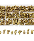 135 Piece Brass Zerk Grease Nipple Fittings Set M6 M8 M10 With 45 Degree And 90 Degree Angles in plastic storage case