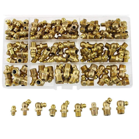135 Piece Brass Zerk Grease Nipple Fittings Set M6 M8 M10 With 45 Degree And 90 Degree Angles in plastic storage case