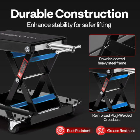 Beefy Heavy Duty Motorcycle Lift Jack With Wide Deck For ATVs And Bikes 1100 Lb Capacity Scissor Lift With Dolly Wheels