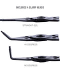 4 In 1 Snap Ring Pliers Set For Internal And External Rings, Heavy Duty Industrial Grade Pro Garage Ready Automotive Tools showing three interchangeable clamp heads at different angles including straight, 45 degrees, and 90 degrees.