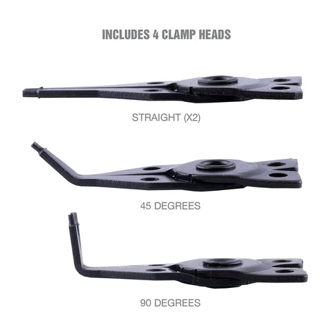 4 In 1 Snap Ring Pliers Set For Internal And External Rings, Heavy Duty Industrial Grade Pro Garage Ready Automotive Tools showing three interchangeable clamp heads at different angles including straight, 45 degrees, and 90 degrees.
