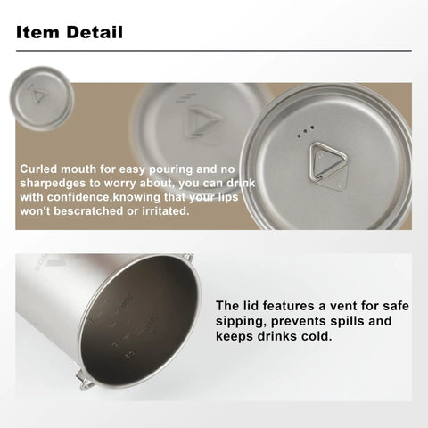Pure Titanium 750ml Camping Pot With Spork Kit, showing curled mouth for easy pouring and vented lid for safe sipping.