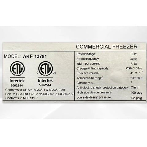 Model specifications of Heavy Duty Commercial Freezer Two Door Upright Reach In Stainless Steel NSF Certified 47 Cubic Feet.