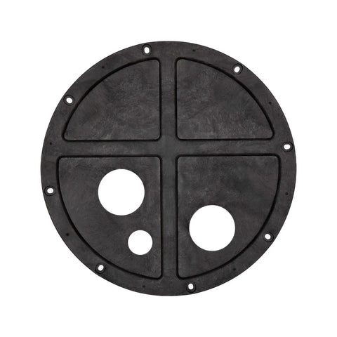 Top view of Sewage Basin Cover With Flanges And Cord Grommet, Gas Tight Odor Free Seal, Heavy Duty Structural Foam Construction, Reusable PVC Seal For 8 Bolt System, Made In USA Model SF16101E
