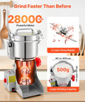 Electric Grain Mill Grinder High Speed 2000W Stainless Steel Pulverizer with open lid showing 3-layer blades and 500g capacity.