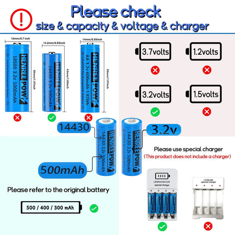 14430 3.2V Rechargeable LiFePO4 Battery 500mAh for outdoor solar garden lights, diagram of size, voltage, and charger requirements.