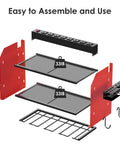 Assembly view of Heavy Duty Wall Mount Power Tool Organizer With Charging Station, showing hooks, shelves, and 8-outlet power strip.