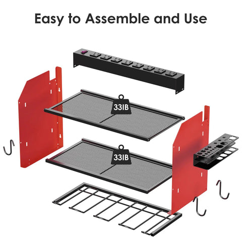 Assembly view of Heavy Duty Wall Mount Power Tool Organizer With Charging Station, showing hooks, shelves, and 8-outlet power strip.