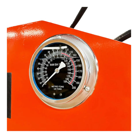 Close-up of pressure gauge on Heavy Duty 100 Ton Shop Press With Dual Hydraulic Rams And 125 PSI Air Assist.