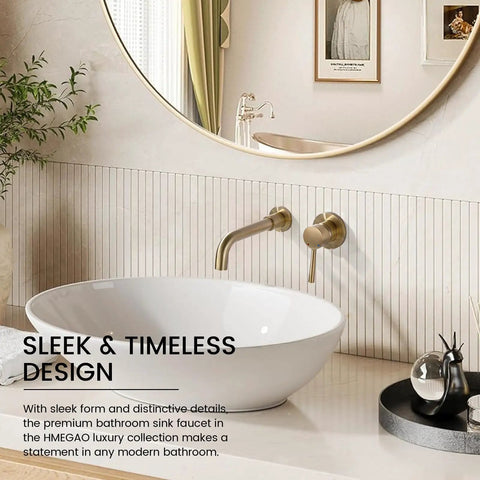 Wall Mount Brushed Gold Bathroom Faucet With Single Handle 2 Hole Modern Sink Faucet Includes Rough In Valve Above White Basin