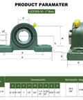 Diagram of Two Pack Mounted Pillow Block Bearing 1 Inch Bore With Solid Cast Iron Base Self Alignment Includes Screws And Nuts.
