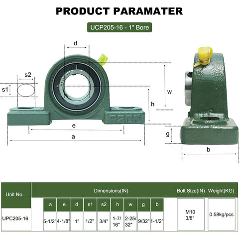 Diagram of Two Pack Mounted Pillow Block Bearing 1 Inch Bore With Solid Cast Iron Base Self Alignment Includes Screws And Nuts.