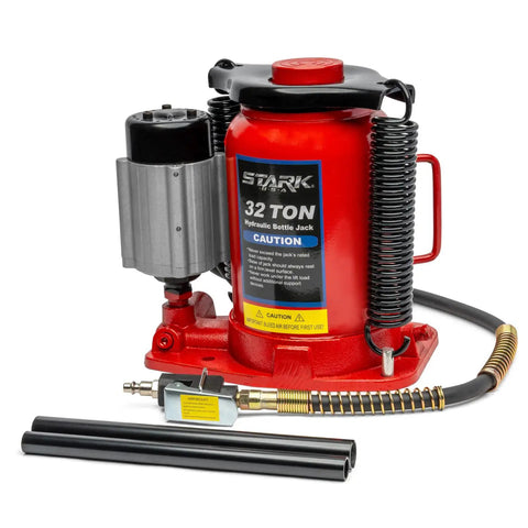 32 Ton Hydraulic Bottle Jack With Air-Operated Lift, Portable Low Profile Design, 64,000 Lb Capacity, shown with handle