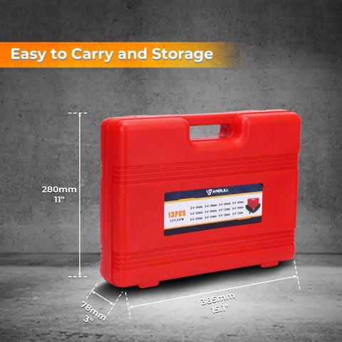 Red case for Three Quarter Inch Drive Deep Impact Socket Set, 13 Piece Metric Through 41mm, 6 Point Design, built to last.