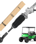 Beefed-Up Steering Gear Box Assembly For EZGO TXT Golf Cart 2001 And Up Gas And Electric Replacement OEM 70964-G01 70964-G02 70602-G01 Easy Install With Straight Steering displayed with packaging and green golf cart.