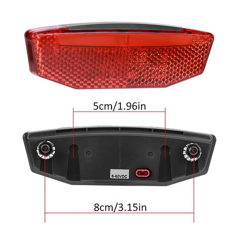 LED Bike Tail Light For Electric Bikes 6V 60V Waterproof Rear Light With 180 Degree Wide Beam, showing front and back dimensions, 5cm x 8cm.