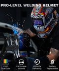 Welder using Auto Darkening Welding Helmet With True Color View, Four Arc Sensors, Lightning Fast One Twenty Five Thousandth Of A Second Response, Solar Powered Design, Adjustable Shade Range Four To Thirteen, Built For TIG MIG And ARC Welding HSH S800