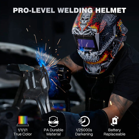 Welder using Auto Darkening Welding Helmet With True Color View, Four Arc Sensors, Lightning Fast One Twenty Five Thousandth Of A Second Response, Solar Powered Design, Adjustable Shade Range Four To Thirteen, Built For TIG MIG And ARC Welding HSH S800