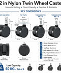 Diagram of Heavy Duty 2 Inch Caster Wheels 360 Degree Swivel Black Furniture Casters with M8 and M10 threaded stem, top plate.
