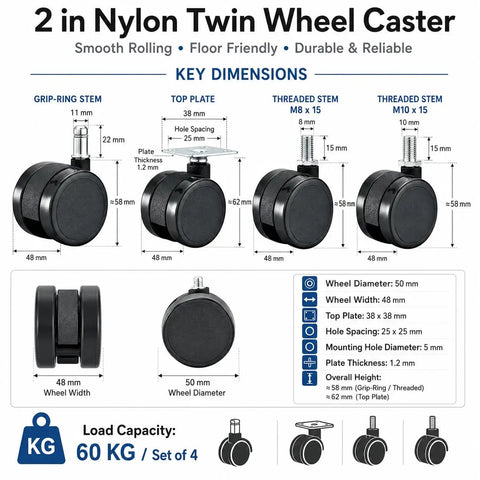 Diagram of Heavy Duty 2 Inch Caster Wheels 360 Degree Swivel Black Furniture Casters with M8 and M10 threaded stem, top plate.