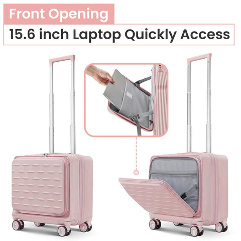 All In One 3 Piece Luggage Set With 16 Inch Front Opening Carry On, Expandable PC Hardshell Suitcase in pink with laptop compartment