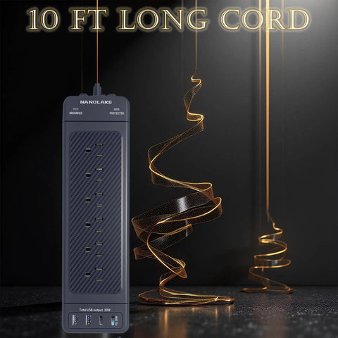 Heavy Duty Surge Protector Power Strip With 18 Wide Spaced Outlets And 4 USB Ports Two USB A And Two USB C With PD 20W, 4800 Joules, 10 Ft Cord, Mountable Flat Plug, Ideal For Office Home Industrial And Commercial Use Black, showing 10 ft long cord