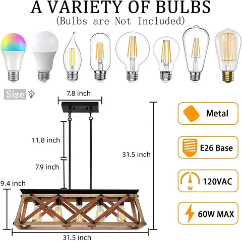 Open Cage Farmhouse Ceiling Light Fixture With 5 Light Dining Room Chandelier dimensions and bulb types shown