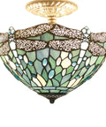 Sea Blue Tiffany Style Dragonfly Ceiling Light Fixture, Stained Glass Semi Flush Mount Lamp, 12 Inch Shade, Antique Green Bronze Base