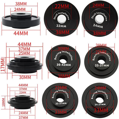 Components of Pro Grade Bike Bottom Bracket Press And Removal Tool Kit For BB86 BB30 BB91 BB92 PF30 showing various sizes.