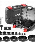 Front view of KATA 20-piece hole saw kit in an open black case with red latches; includes 3/4-6 in blades and mandrels.