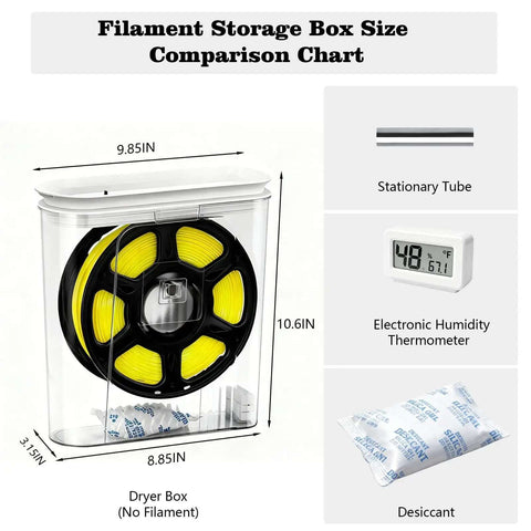 Size comparison chart of Moisture-Proof 3D Printing Filament Dryer Box with built-in desiccant, stationary tube, and humidity gauge.