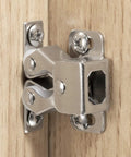No Sweat Install Cabinet Door Catches, Double Roller Catch Latches with shiny nickel plated steel frame on wooden cabinet.