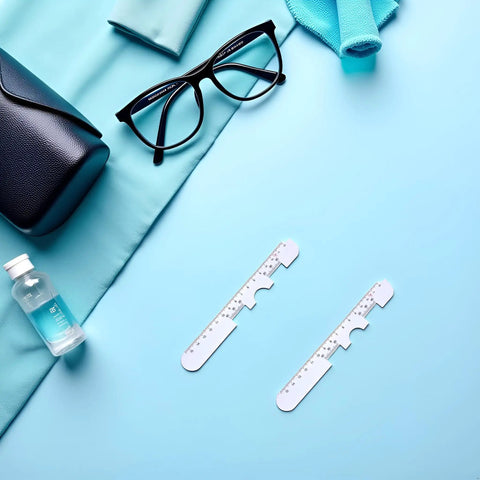 Two Piece White Pupil Distance Ruler For Eye Care And Prescription Eyeglasses PD Meter With Monocular And Binocular Measurement Options And Easy Read Scale, two white rulers on blue background