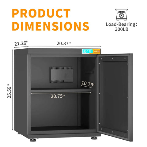 Open view of Dehumidifying 3D Printer Cabinet With 180L Storage For Up To 40 Filament Rolls, showing dimensions and load-bearing capacity.