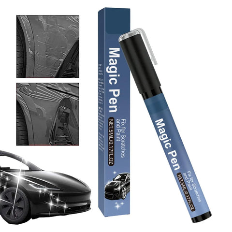 Scratch Repair Pen For Cars And More, Waterproof 5ml Quick Fix shown with box and example of scratch repair on car