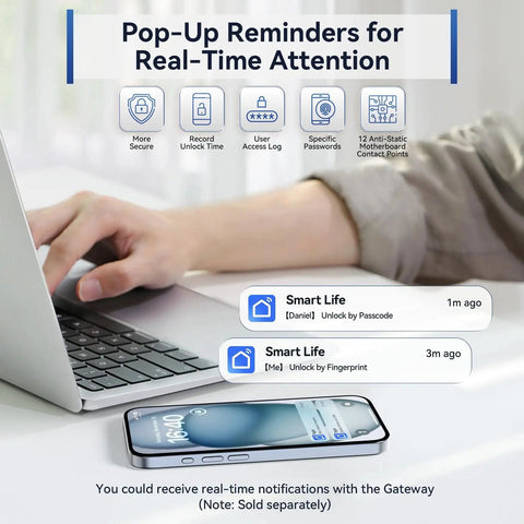 Person using a laptop with pop-up notifications for AI Fingerprint Door Lock With Built-In WiFi And Keyless Entry for front door.