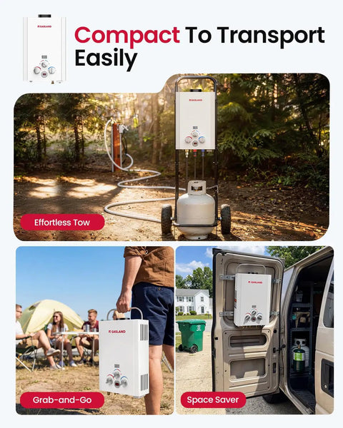 Propane Tankless Water Heater 1.58 GPM 41000 BTU Outdoor CSA Certified with compact design for easy transport and setup