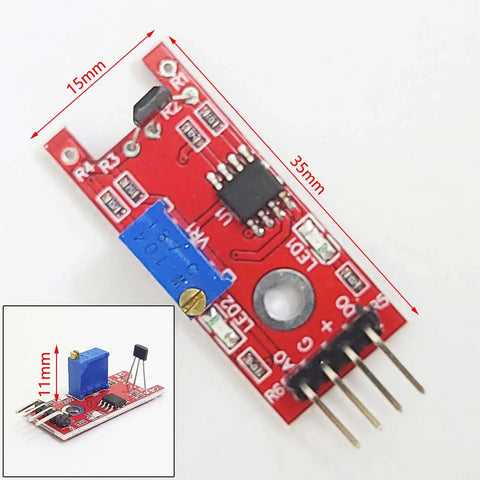 KY-024 Linear Magnetic Hall Effect Sensor Module with Analog and Digital Outputs, 15x35mm size, blue potentiometer visible