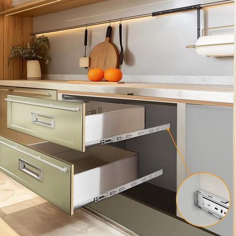Kitchen cabinet with 1 Pair 22 Inch Rear And Side Mount Drawer Slides With Brackets, open to show built to last heavy duty ball bearing soft close mechanism