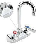 Wall Mount 4 Inch Gooseneck Hand Sink Faucet With Three And A Half Inch Spout, Heavy Duty Brass Construction, Chrome Polished Finish, Lever Handles Color Coded Red And Blue, NSF Approved For Restaurant Kitchen image