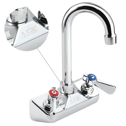 Wall Mount 4 Inch Gooseneck Hand Sink Faucet With Three And A Half Inch Spout, Heavy Duty Brass Construction, Chrome Polished Finish, Lever Handles Color Coded Red And Blue, NSF Approved For Restaurant Kitchen image
