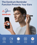 Ear Wax Removal Tool With Camera 1296P HD Otoscope in use showing smartphone live visuals and eardrum protection reminder
