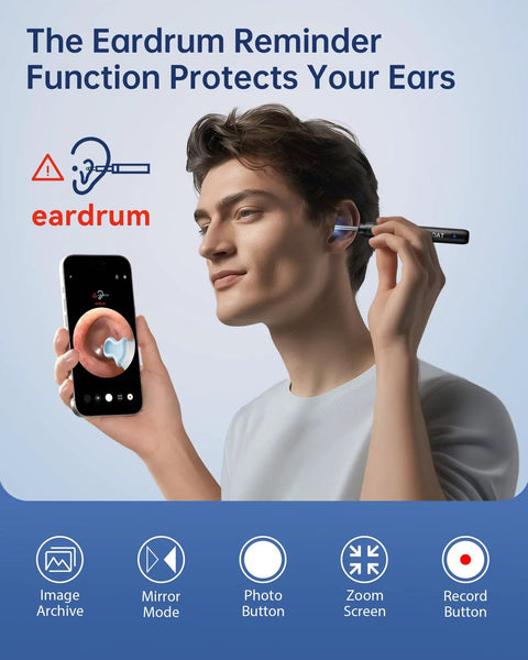 Ear Wax Removal Tool With Camera 1296P HD Otoscope in use showing smartphone live visuals and eardrum protection reminder
