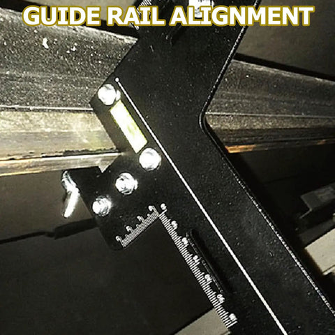 Pro Level Elevator Guide Gauge Tough As Nails Stainless Steel Ruler measuring guide rail alignment with bubble level.