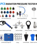 Heavy Duty 31 Piece Coolant Pressure Tester Kit With 23 Radiator Adapters And Blue Pump Gauge Vacuum Refill Tool display including various caps, tools, and adapters.